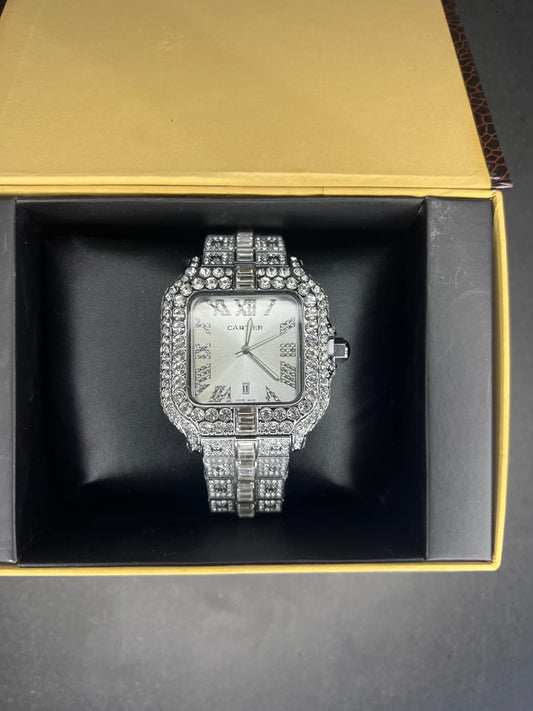 Cartier Santos two-tone custom "iced out" wristwatch with a square dial and Roman numerals. (Copy)