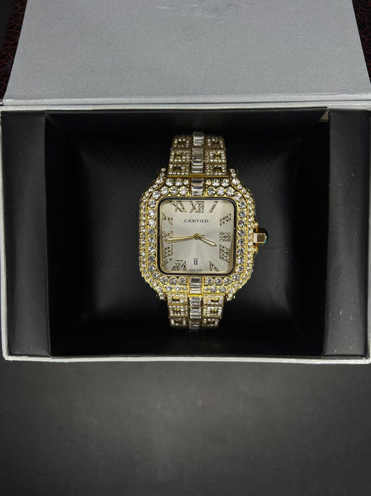 Cartier Santos two-tone custom "iced out" wristwatch with a square dial and Roman numerals.