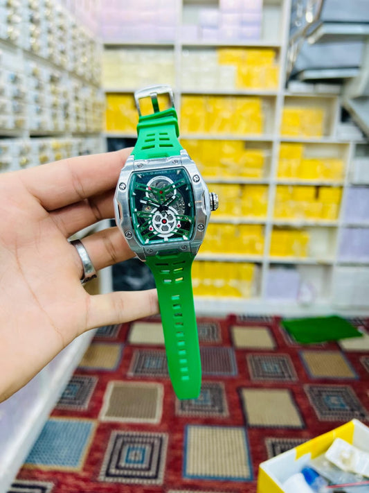 skeleton chronograph watch with a rubber strap, similar to the AIMES Tonneau and PASOY Luxury Chronograph watches (Copy)