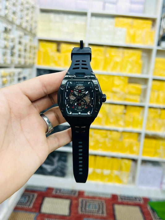 skeleton chronograph watch with a rubber strap, similar to the AIMES Tonneau and PASOY Luxury Chronograph watches