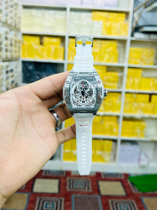 skeleton chronograph watch with a rubber strap, similar to the AIMES Tonneau and PASOY Luxury Chronograph watches (Copy) (Copy)